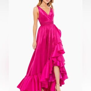 Mac Duggal Satin Flounce V-Neck Gown